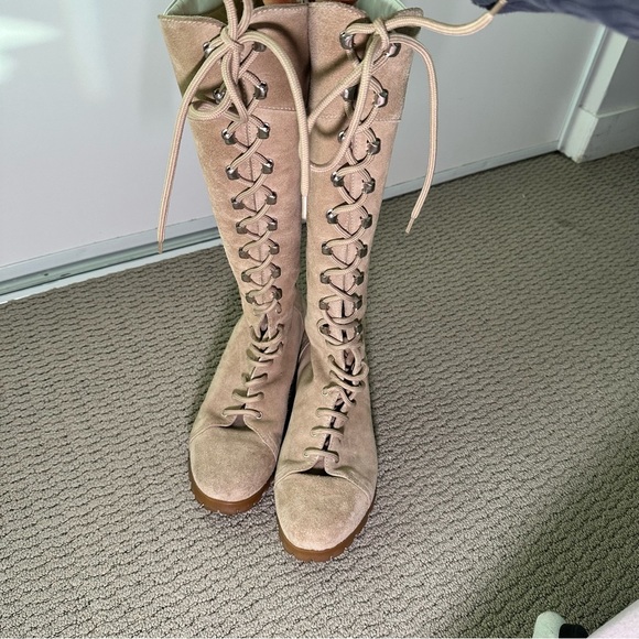 MaxMara Shoes - MaxMara Beige Suede Knee High Lace Up Combat Boots